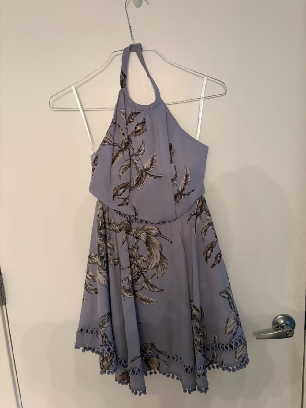 Tularosa Halter Mini Dress Lavender Palm Print Pom Pom Trim Revolve Size XS